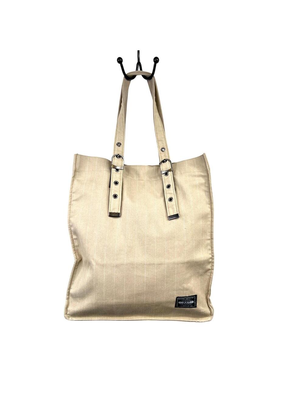 ABYSS OF TIME A.O.T. Original Collection Large Canvas Tote Bag Tan Pinstripe